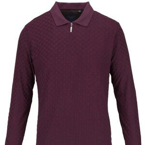 Guide London Plum Purple Tonal Check Pattern Texture Front Zip Long Sleeve Polo